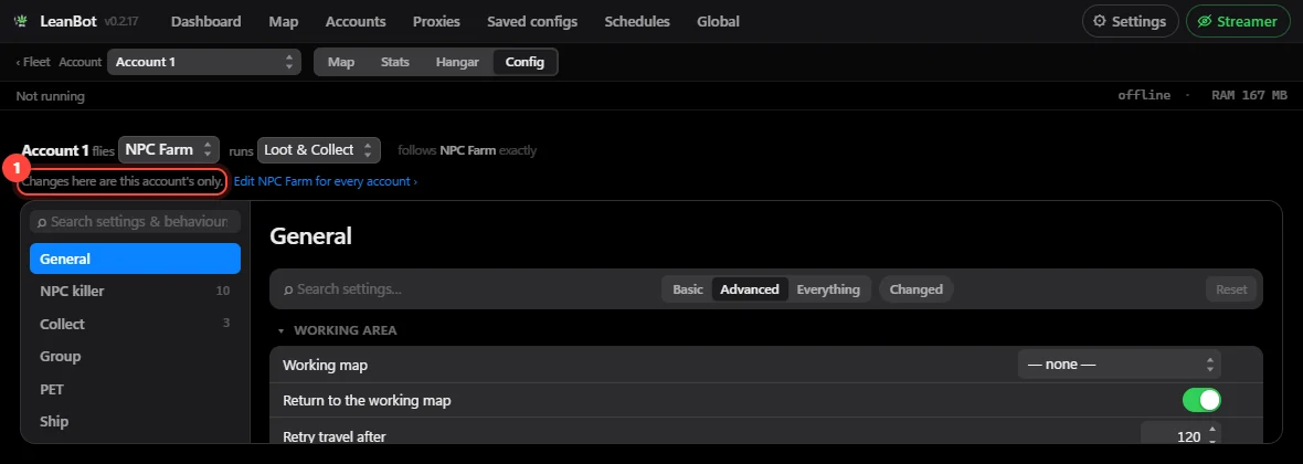 An account's own Config tab