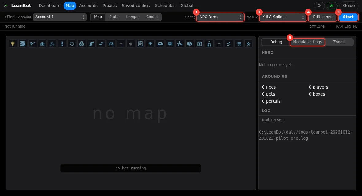 The account's map page: config (1), module (2), and the Start button (3)