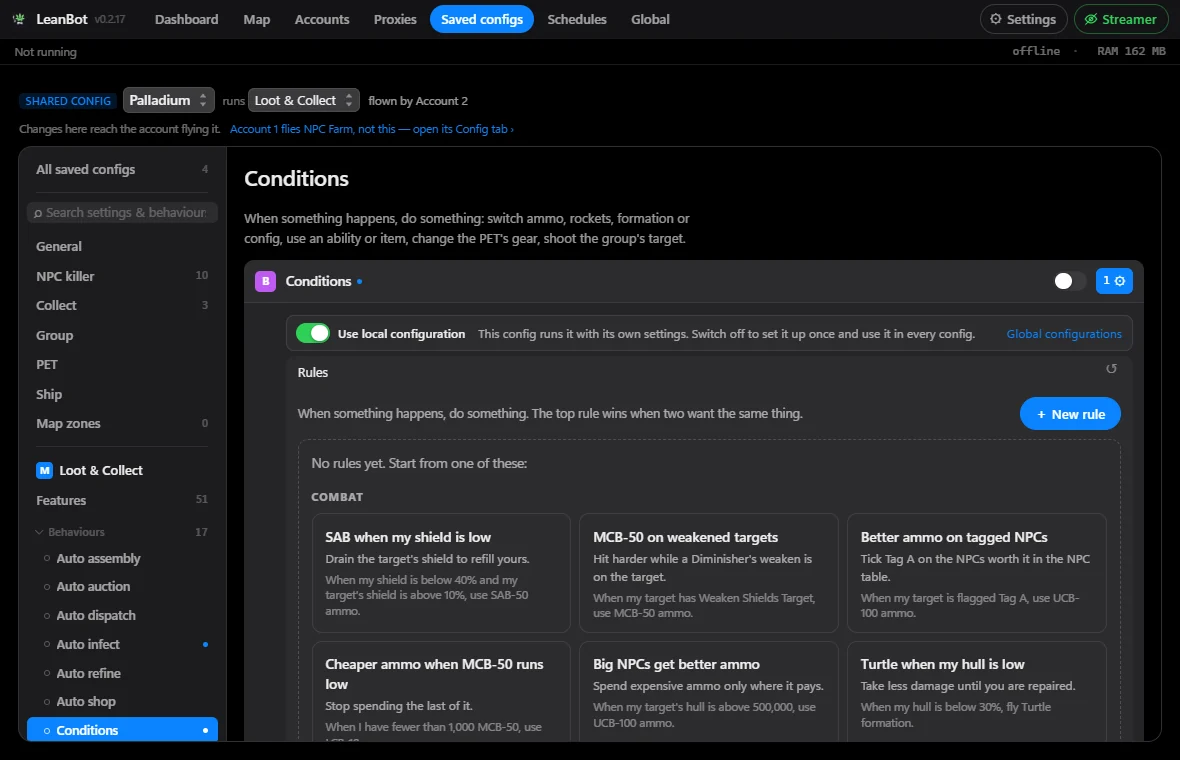 Conditions with no rules yet, showing the examples to start from