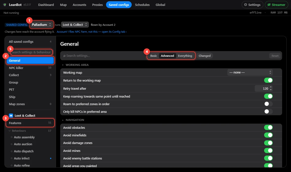 The config screen: which config (1), categories (2), Features (3), how much to show (4) and search (5)