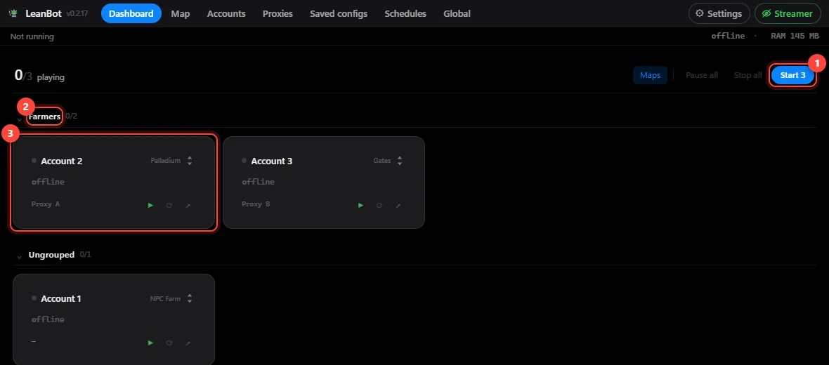 The Dashboard: Start every account (1), a group (2) and an account card (3)