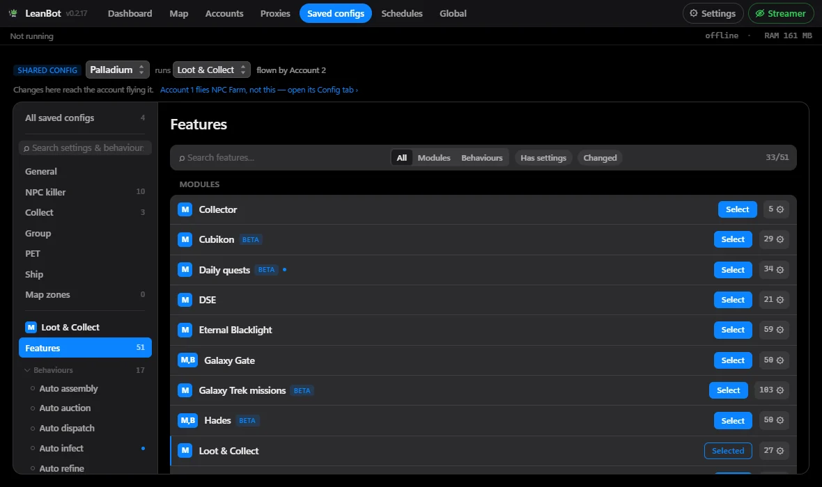 The Features page lists every module and behaviour