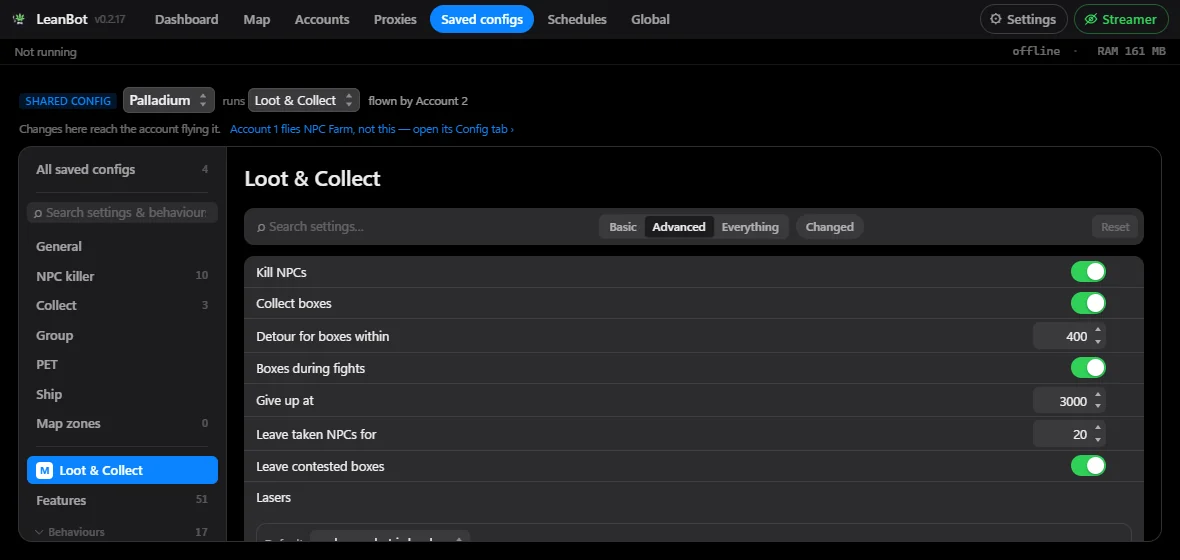 Kill & Collect's settings, with Lasers at the bottom