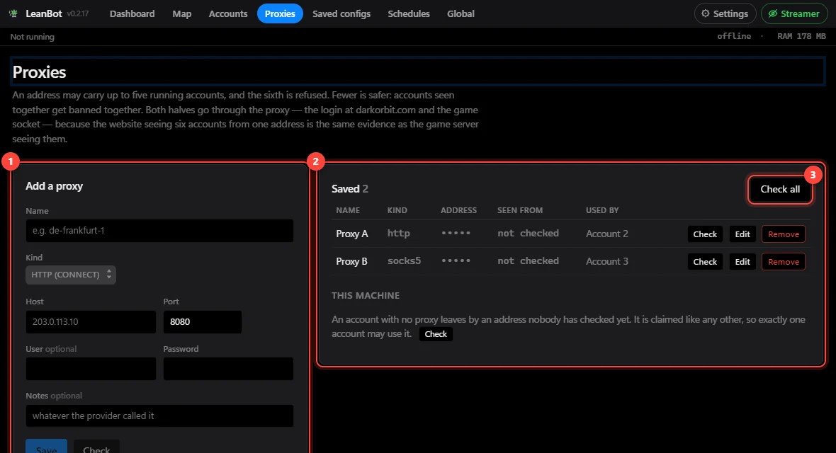 The Proxies screen: add a proxy (1), your saved proxies (2), and Check all (3)