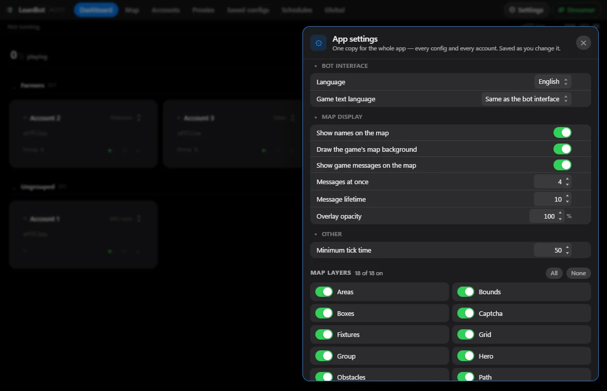 The App settings window